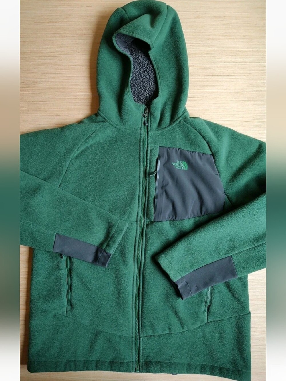 The North Face Full Zip Fleece Hoodie Green Grey Pockets Jacket Men's L Logo